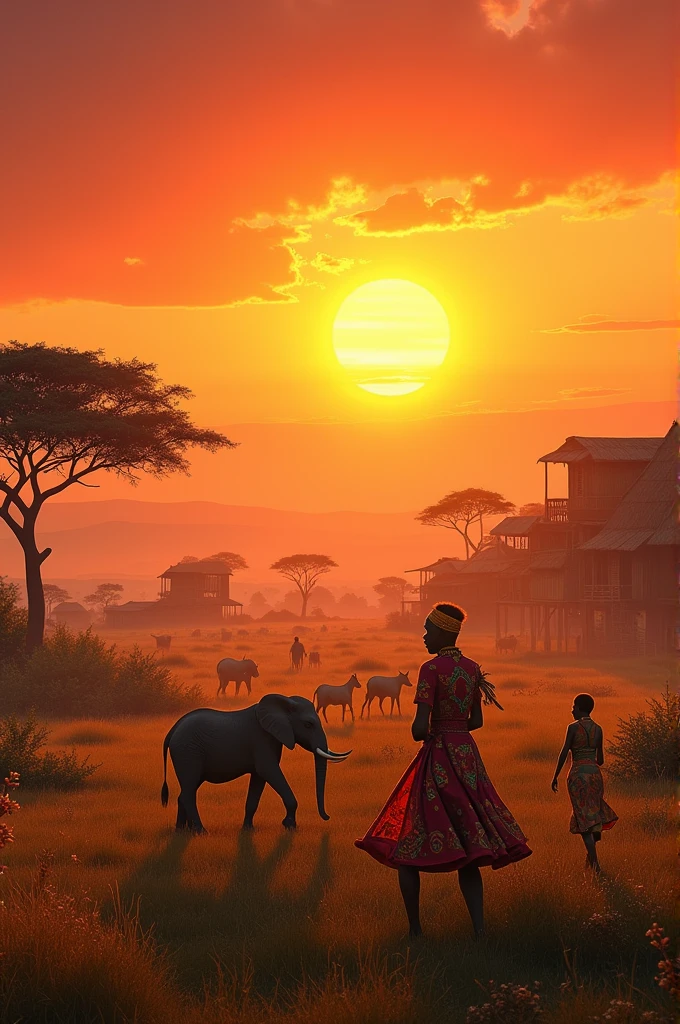 A vast African plain at dawn, with the sun rising over the horizon and tinting the sky orange and red. Wild animals cross the landscape, and a traditional African village is in morning activity, with thatched houses and people dressed in traditional clothes.