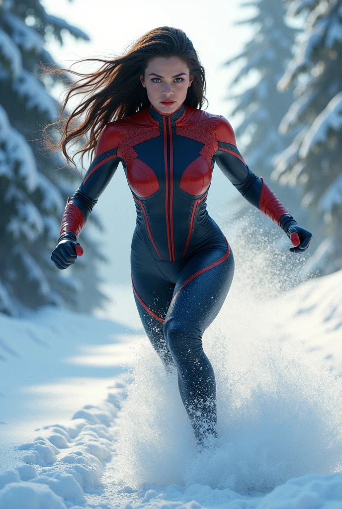 a superhero female with superspeed in winter