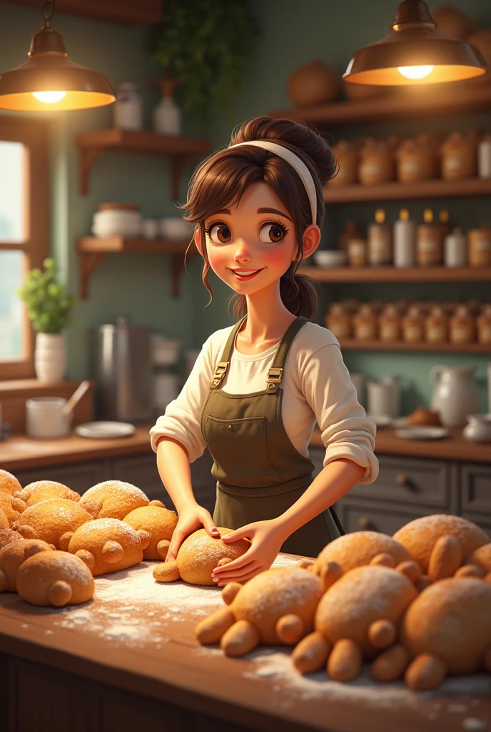 bakery, woman bakes, sells baked goods to customers, baked goods in the shape of pets, detail details, real, real