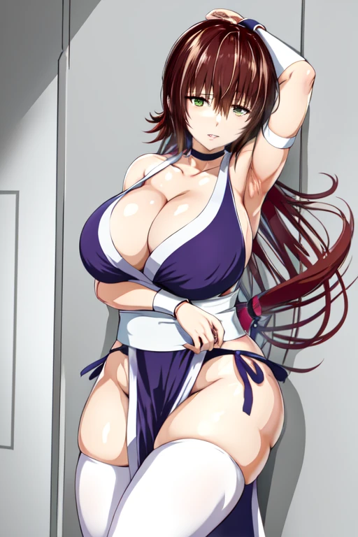 masterpiece, best quality, beautiful art, high resolution, well formed hands, body and fingers, 1 woman, solo, Ryouko Mikado, 31 years old, hair ornament, adult, grown up, big breasted, cleavage, full body, braided long hair, blue_japanese_clothes, wearing DOA Kasumi's blue kunoichi dress, sexy and skimpy japanese clothes, kimono peek, sleeveless, panties peek, white stockings, gorgeous legs and thighs,ryona , in peril, she has been beaten up she is now cornered against the wall, helpless and vulnerable, she is dizzy and exhausted, looking at the viewer with anxiety and fear, she is afraid, terror in her eyes, gasping, being at the edge of defeat, heroine in peril, ryona scene