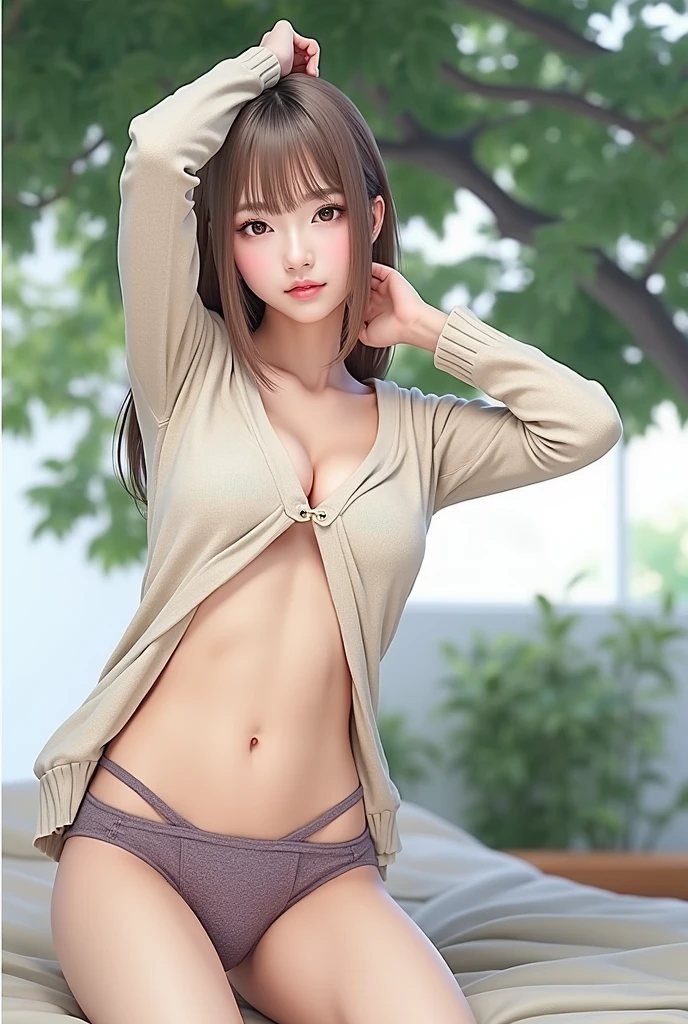 Wearing a knitted sweater & mini skirt, (Lift up your skirt and slide your panties aside:1.6), Realistic photo, of Japanese, nude,  Lie on the bed with your legs spread wide:1.8, Detailed face and body, Natural light, High resolution, photoRealistic, (Highest quality,8k,High resolution,masterpiece:1.2),Very detailed,(Realistic,photoRealistic,photo-Realistic:1.37),Realistic skin texture,Beautiful long eyes and lips,Beautifully detailed face,Long eyelashes,Smooth Skin,Natural body shape,Medium Hair,Straight Hair,((Keep your bangs straight down:5.8)),(Thin face,Small jaw,Wide forehead,The space between the eyes is narrow),Very small string underwear