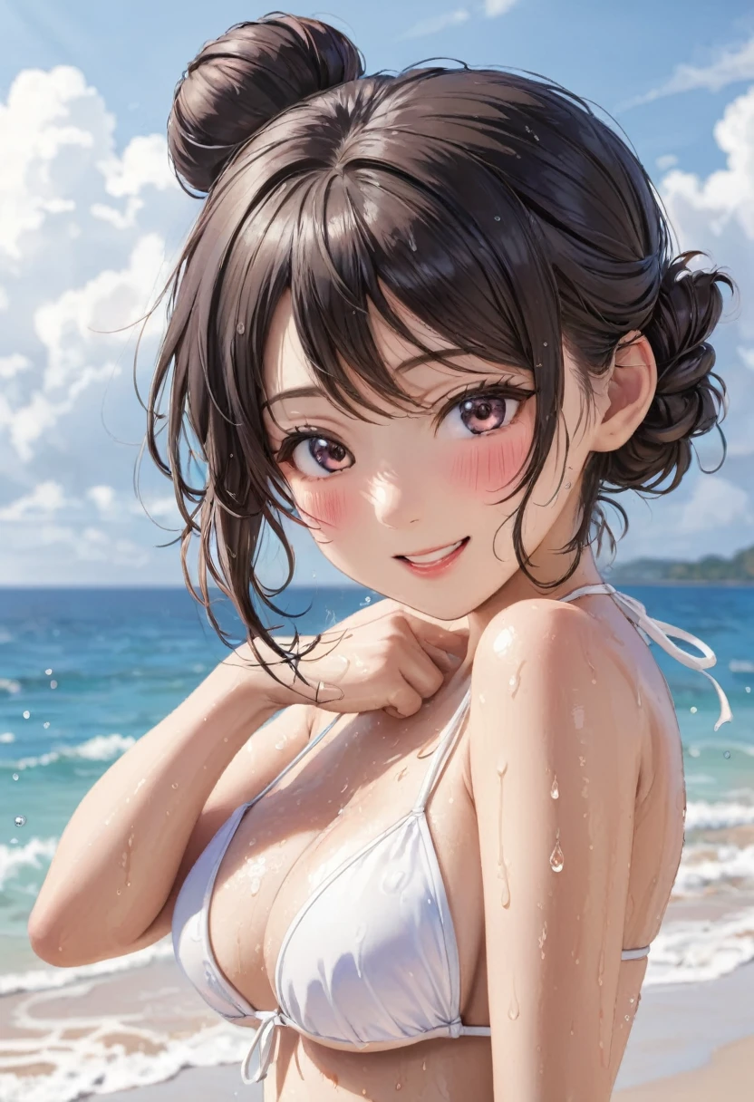 1girl, uehara ayumu, love live!, side bun, white bikini, no clothes, wet, coquettish smile, looking at viewer, nose blush, open mouth, cowboy shot, on the beach, daylight, BREAK masterpiece, best quality, very aesthetic, absurdres, absolutely resolution, ultra detailed, 64K, super fine illustration, highly detailed beautiful face and eyes, perfect anatomy, lightning,