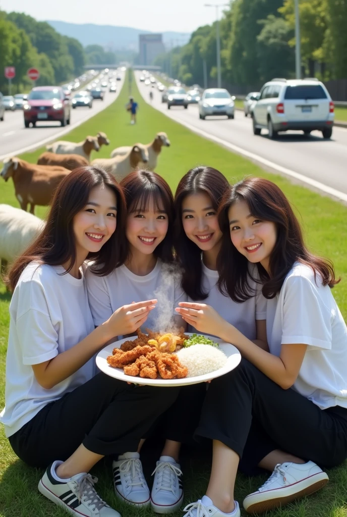 4 beautiful Korean women, white skin, wavy hair, wearing t-shirts, black trousers and sneakers, smiling faces, sitting together, holding a large plate of rice with fried chicken, on the side of the highway, there are goats beside them, lots of vehicles, minimal disabilities , very detailed, realistic