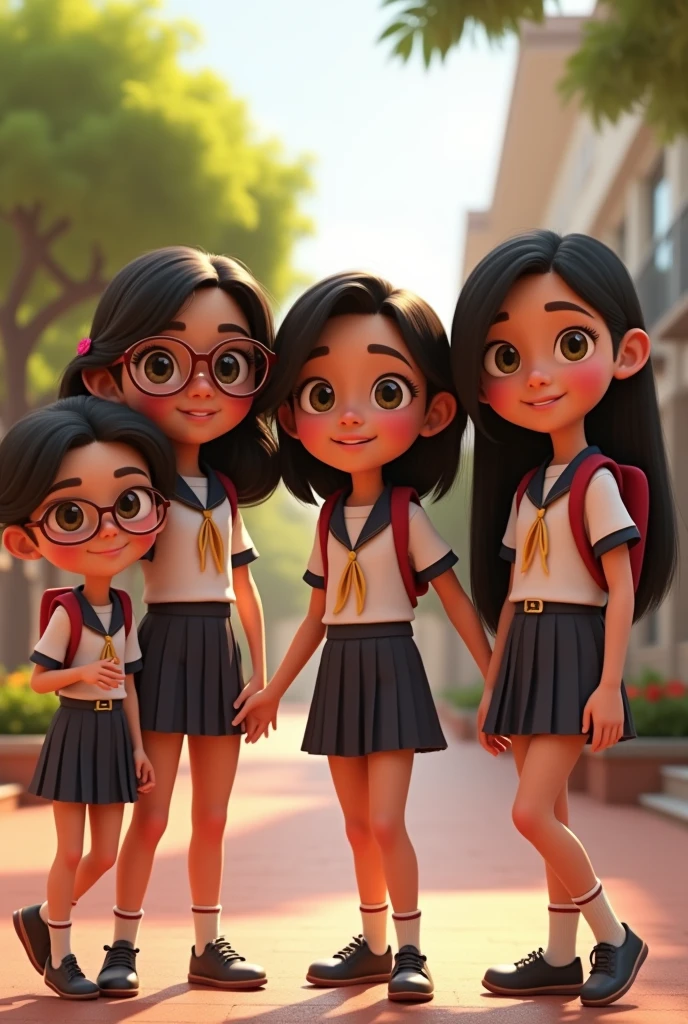 FOUR girls, ONE boy wearing school uniform. The boy is filipino and two of the girls is filipino, one of the girls is wearing glasses and one has no glasses. Make them agers. Make them into disney pixar style