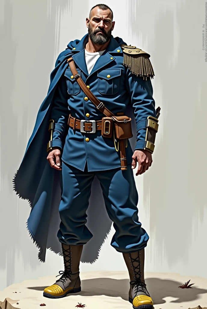 Depicting a proud elite warrior, he is slimmer and wears blue combat uniforms.、He's wearing white underwear and yellow-toed boots. If he loses his beard, puts his hair up, puts on yellow-toed boots, he'll look thinner.