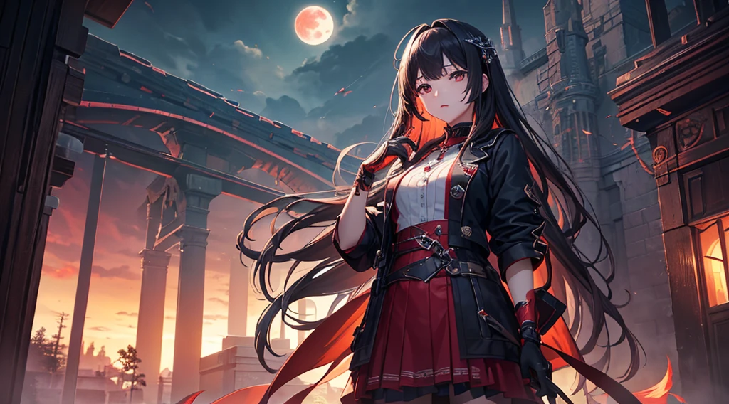 (最high quality、High resolution、Textured skin、high quality、Caution about scars、Precise CG unification、Detailed Background)、((Turn around))、(Standing in front of the red full moon)、Game CG、Legion、More than one person