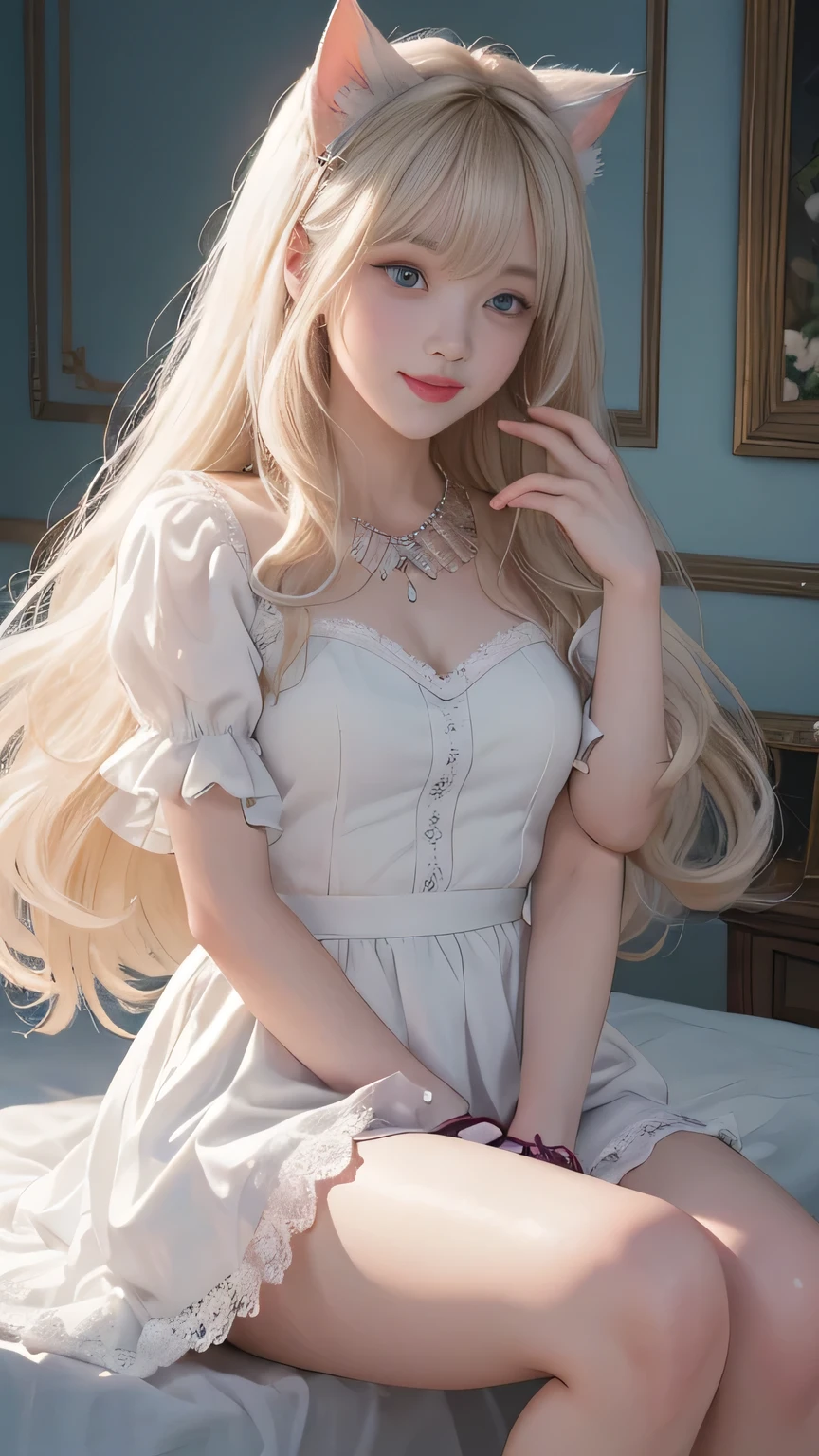 whole body, Laugh together, Bright expression、Photorealism、Highest quality、Ultra-high resolution、photograph、Exquisitely beautiful Nordic photographs、Extraordinary beautiful girl、A cute and beautiful face down to the last detail、(Pure Eros Face_v1:0.008)、Beautiful bangs、Alice in Wonderland、18-year-old、Glowing White Skin、Hair flowing down to the face、Bangs between the eyes、Super long hair、Glamorous light and dark platinum blonde super long straight silky hair、Thin Hair、Beautiful bright, clear, light blue, large eyes that are charming and shining、White apron、Yellow Dress、eyeliner、double eyelid、Bust of a Rich Man、Two Girls、Cat ear、great Laugh togetherter、Short skirt、White lace underskirt、Pink Panties、Long Hair, gauze, smile, bangs, one person, Golden Eyes,