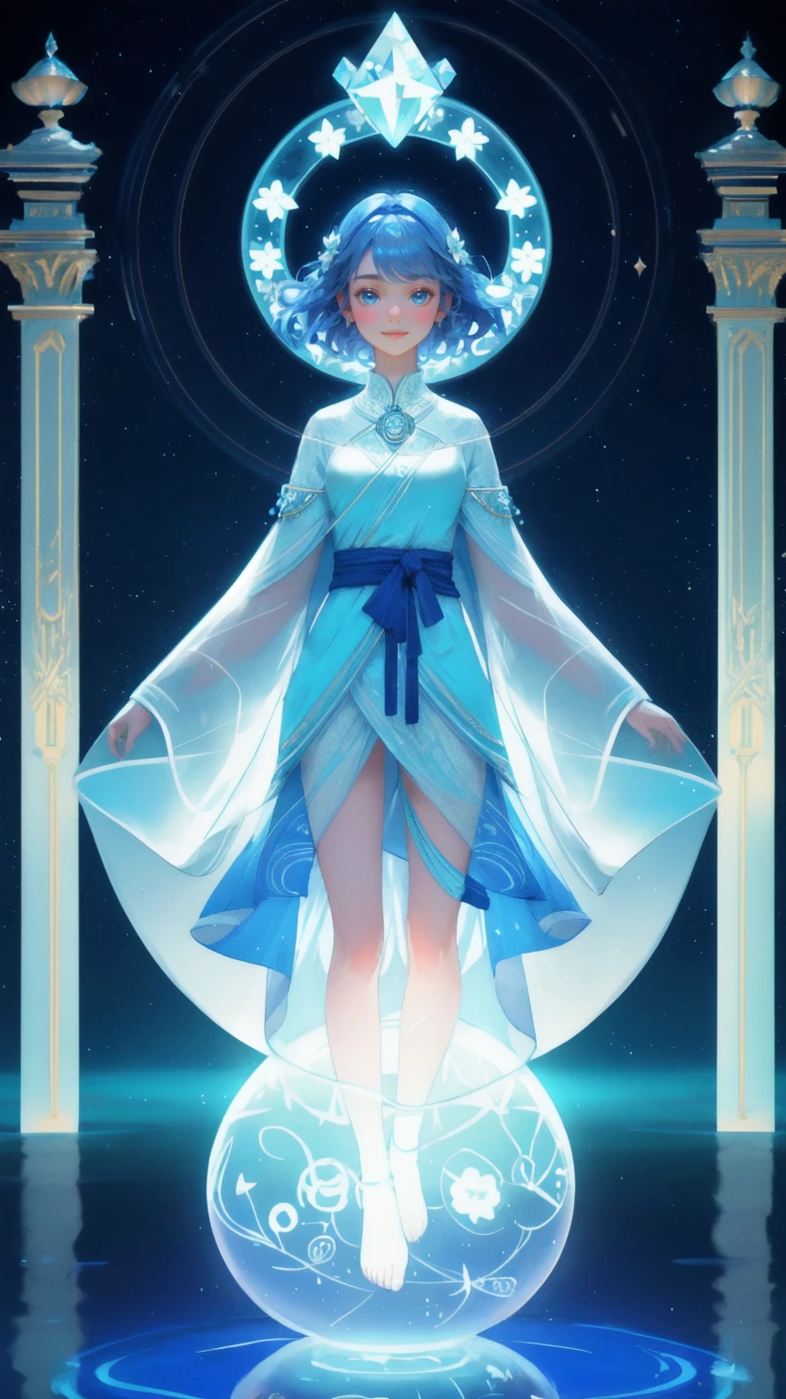 Generate an image set in a mystical, blue-lit chamber with a peaceful, otherworldly ambiance. Replace the central floating figure with a cute girl who wears a soft, warm smile, exuding kindness and tranquility. She should be levitating above a glowing blue pool, with smaller humanoid figures gathered around, gazing at her with awe and reverence. The background should be adorned with hanging geometric patterns and floating crystal-like orbs, enhancing the scene's ethereal and harmonious feel. The image should capture a sense of spiritual connection and unity, with the girl as a guiding, benevolent presence.