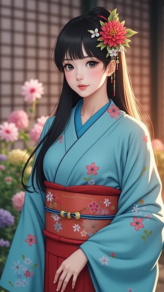 (masterpiece、Highest quality、8k、High resolution)、Traditional Japanese beauty in kimono、Floral pattern on white background、Vibrant colors、She resembles actress Keiko Kitagawa、Japanese garden、There is a pond、Colorful flowers、Vibrant colors、Cherry Blossom、There is a drum bridge、A complete portrayal、Detailed anime art、
