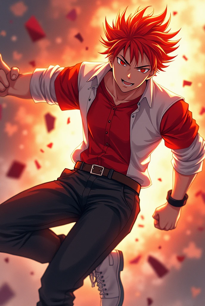 Create a male anime character with fiery red hair red eyes white and red shirt black pants and white shoes