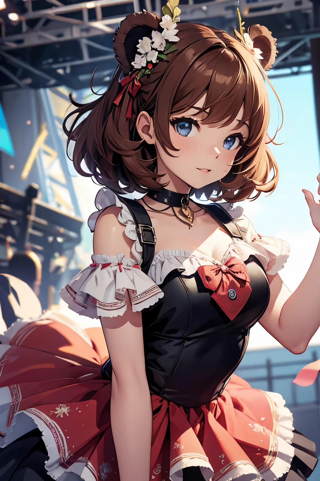 Top quality, highly detailed, UHD, idol, dress  cute and beautiful anthropomorphic koala girl with brown curly bob hair wearing a heart shaped choker on outdoor stage