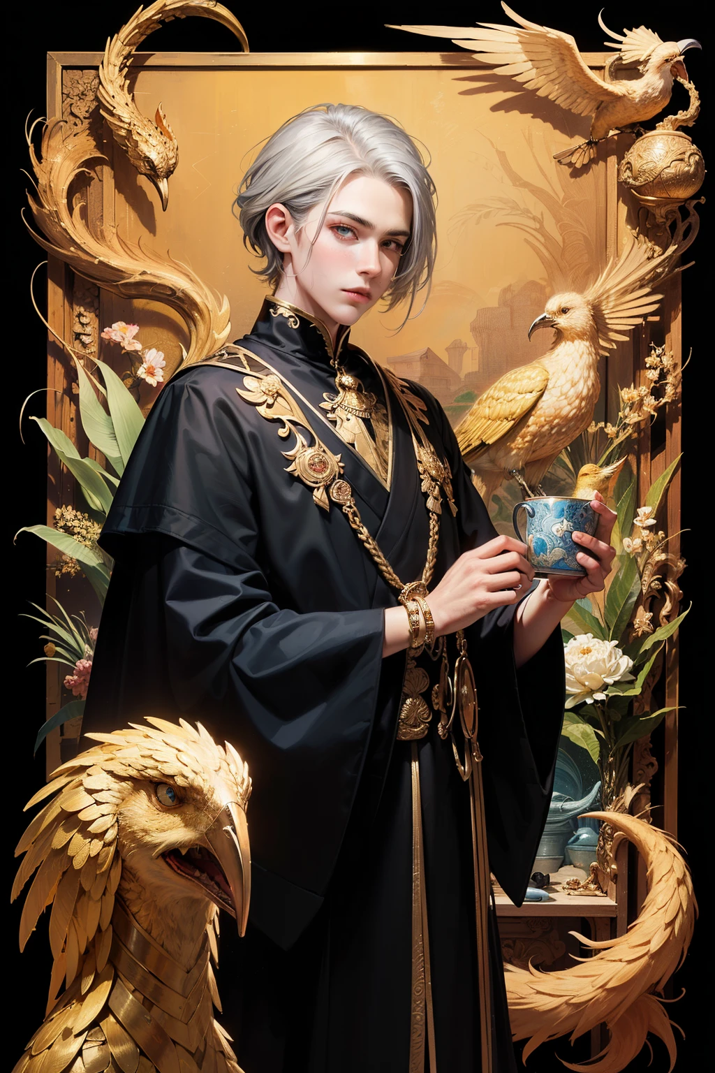 (work of art, Maximum quality, best qualityer, offcial art, beautiful and aesthetic:1.2), extremely detaild, Fractal Art, colorfully, More Detailed, Zentangle, (abstract background:1.3), faithful style, (1 young boy:1.5), (golden birds), silver hair, glare eyes, hair slicked back, shorth hair, black robe, trunk, detailedeyes