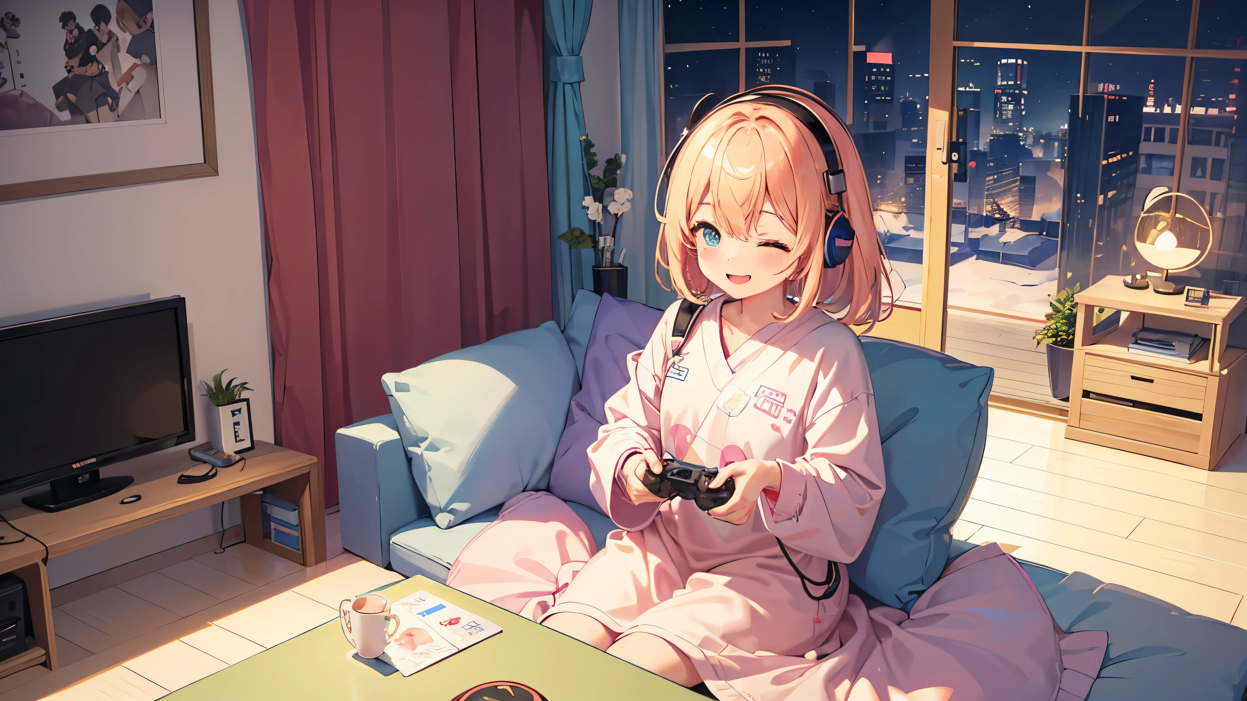 Please draw a scene of Kawaii playing a video game.。With a smile、Sitting on the couch with a game controller in hand、I have headphones on。In the background, a cozy room is depicted.、You can see the game monitor and decorations。Dressed casually、The colours used throughout the room create a bright and cheerful atmosphere.。