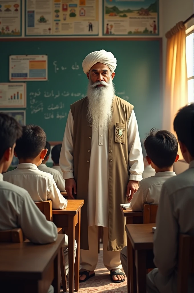 A man teacher who have White turban and beard in class room and many students in Shalwar Kameez