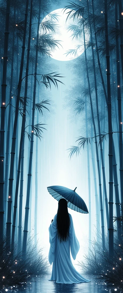 dynamic ink painting of a bamboo grove, black and white,monochrome, great art, great sense of depth, ground level shot, the most beautiful bamboo grove in the world, bamboo leaves shining through rainwater, moon\(pale blue\) with a light overcast, beautiful woman\(ancient Japanese noble, beautiful kimono, beautiful long black hair\) looking up at the moon holding an umbrella,raining softly, fireflies flying around, bamboo leaves are placed three-dimensionally in the foreground, long distance shot
