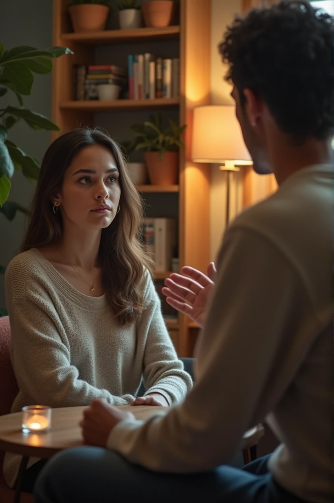 Create an image depicting a calm and attentive person sitting across from another person who is speaking. The listener is focused, showing patience and understanding, with a serene expression. The setting is a cozy, intimate room with warm lighting, perhaps a living room or a small café. The speaker is gesturing slightly, indicating they are sharing something important. The background includes subtle details like books, plants, and soft furnishings, creating an atmosphere of trust and open communication. The image should convey the importance of fully listening to someone before responding.