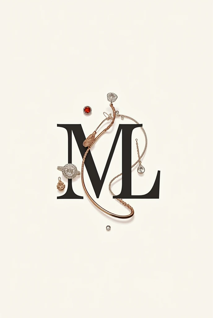 Create an accessories logo with the initials M and L and between the letters have accessories such as bracelet, earrings, ring and necklace and below say accessories