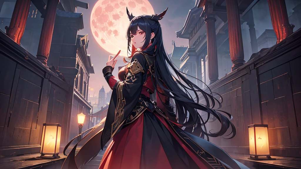 (最high quality、High resolution、Textured skin、high quality、Caution about scars、Precise CG unification、Detailed Background)、((Turn around))、(Standing in front of the red full moon)、Game CG、Legion、More than one person