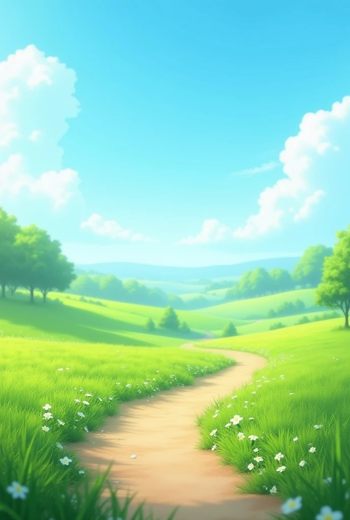 A beautiful and calm 8k full hd ultra realistic path with green grass and white realistic flowers and beautiful sky 