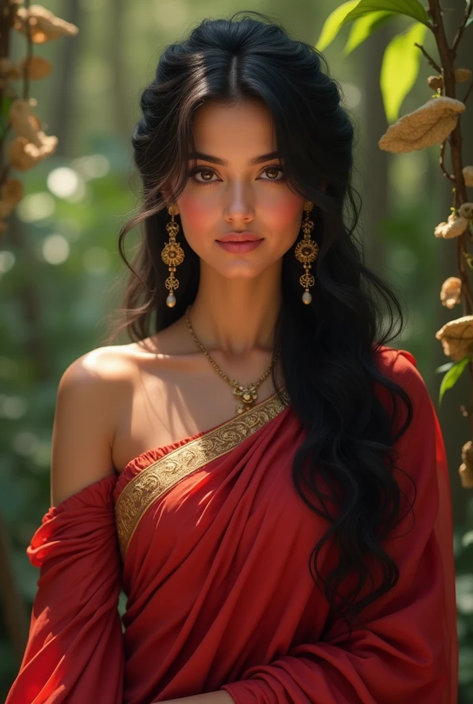 A young woman, golden fair skinned,height is 1.7 metres,curvy figure, almond shaped hazel brown eyes, eyebrows like hindu goddess durga,pink lips,seductive 1203 AD west bengal indian girl, ruby red garments of a daughter of landlord who is unmarried,dark brown silky hair,age 22
