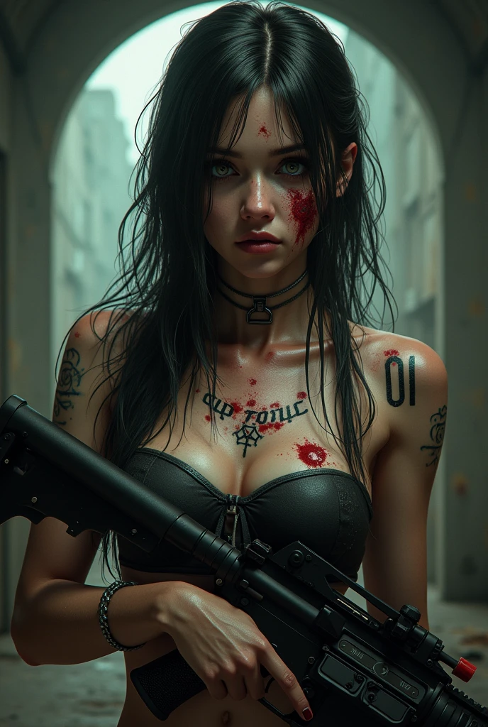 Circle shape dp of A wounded toxic Girl with m416 in his hand and "Toxic" tatoos on his chest and 01 number tattoos on his shoulder in infected area . Upper chest is open .