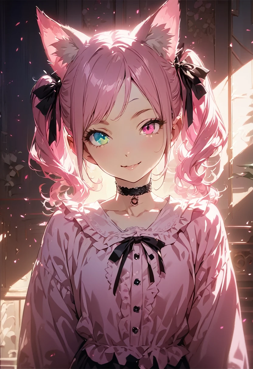 a masterpiece, beautiful eyes, a beautiful face, beautiful depiction, details, ultra detailed, 8K,kawaii, mesugaki, fangs, empty eyes, yandere,
light atmosphere,  (Cute two girls:1.5), (two girls with closs hair pin,
pink shirt,cosplay, jirai kei, bangs, black skirt, black bow, looking at viewer, bow, long sleeves, choker, ribbon,portrait  shot :1.4),
, (masterpiece:1.3), anime visual, (tilt head:1.3), extremely delicate face, realistic lighting and shading, (an extremely delicate and beautiful art:1.3), smiling, smiling, full body shot, fullbody shot, from front, one girl has pink high-twintails, cat ears, heterochromatic eyes, with her right eye being a vivid pink and her left eye a bright blue, hugging a black cat,Height 120cm,wariza,other girl with pale purple low-twintails,green eyes, hugging a ,wariza,