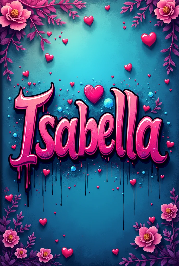 Graffiti with the name Isabella and a small heart. For notebook cover. With shades of blue, purple, and in that range.