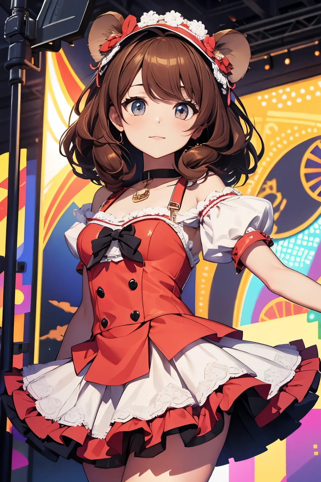 Top quality, highly detailed, UHD, idol, dress  cute and beautiful anthropomorphic koala girl with brown curly bob hair wearing a heart shaped choker on outdoor stage