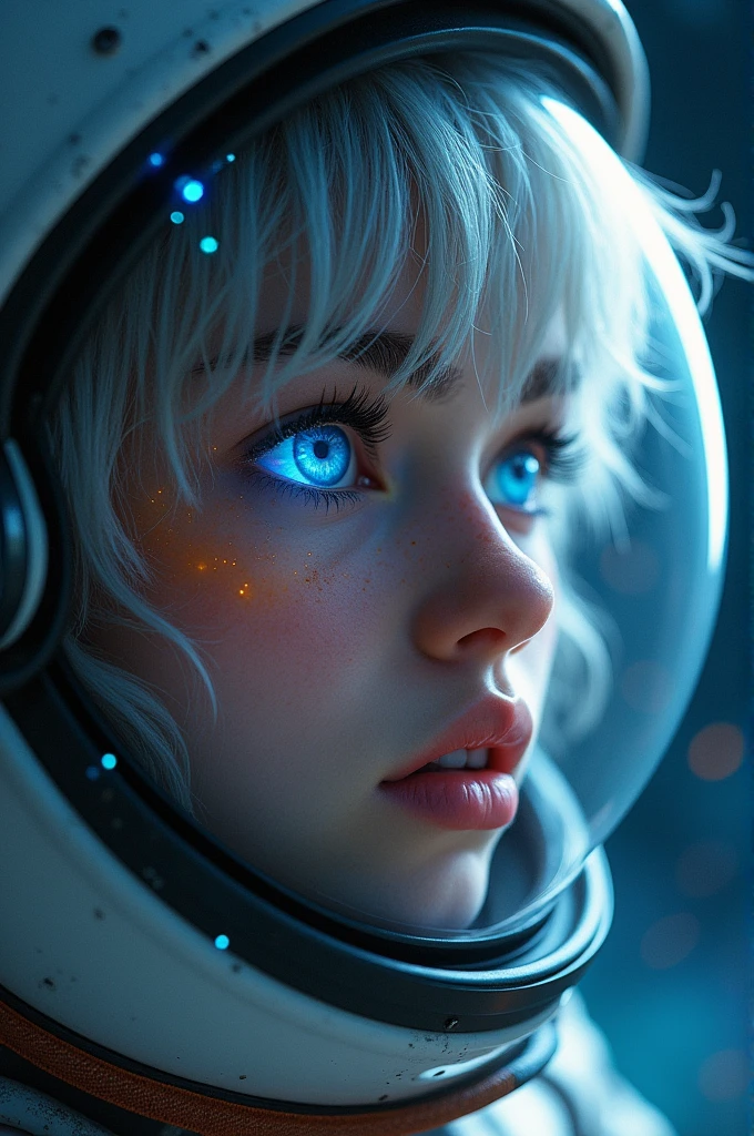 (Close-up of a better masterpiece:1.5)0.9], (Space and astronauts:1.2) (Messy silver hair:1.1) (Heterochromia xanthochromia and blue eyes:1.2) (Space Helmet:1.0) (Colored stars in the eyes:1.0) (A radiant glow:1.1) (thick lips:0.9)