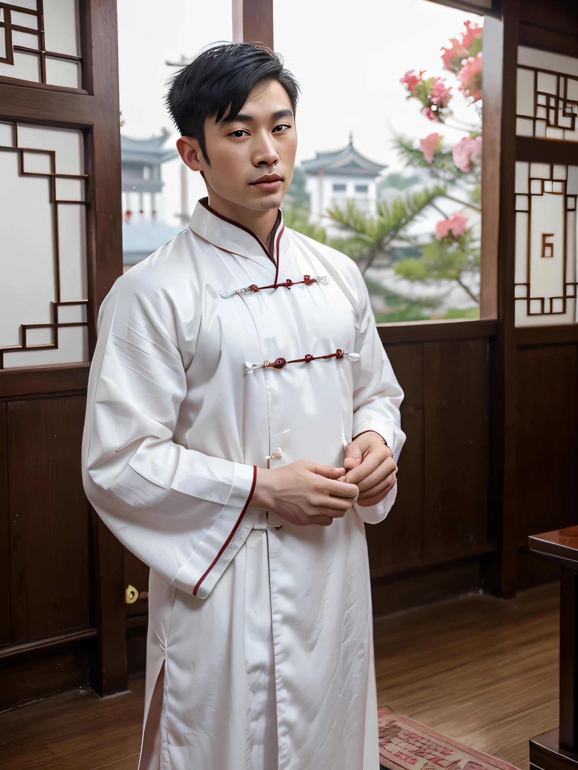 Chinese man, 29 years old, handsome masculine face , big eyes, high nose, smooth white skin, pink lips, well-proportioned body, fitness body, black undercut hair, wearing Chinese hanfu, standing in a traditional Chinese house, a man's hand, with visible veins, wrinkles, and nails.