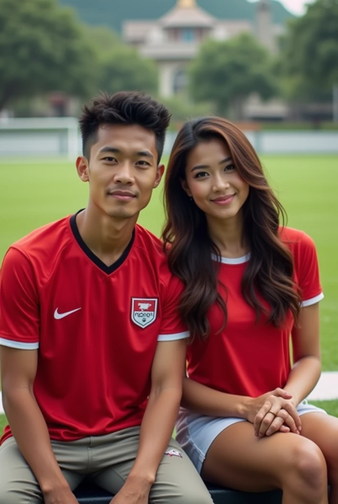a young man (arhan)Indonesian national football team players,with the red Indonesian national team jersey,sitting with a beautiful Indonesian woman,a woman with a slightly fat and sexy body,short t-shirt,facing the camera,football field background,photo realist5is,real,4k,8k,UHD
