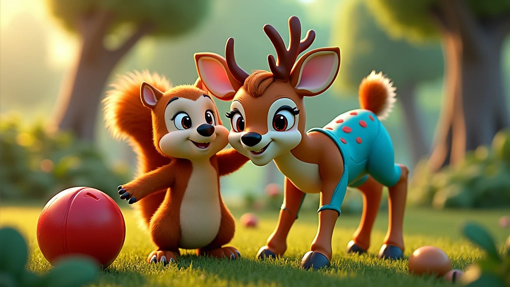 Create in 3d animation style for the kids of age group of 3-5 year's old "Daisy’s Helping Gesture**  
   *"Daisy the Deer bending down and nudging Sammy  the squirrel playfully as they both look up at the red ball. The forest is bathed in sunlight, creating a warm and friendly atmosphere around them."*
