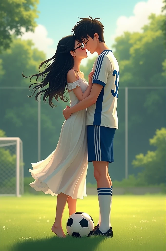 A woman and man standing in football ground looking at each lovingly and hugging each other.woman is wearing a dress and glasses.she has black hair .man is wearing a white and blue 32 number jersey. Man is 1 feet taller than girl. Man one foot standing on soccer ball