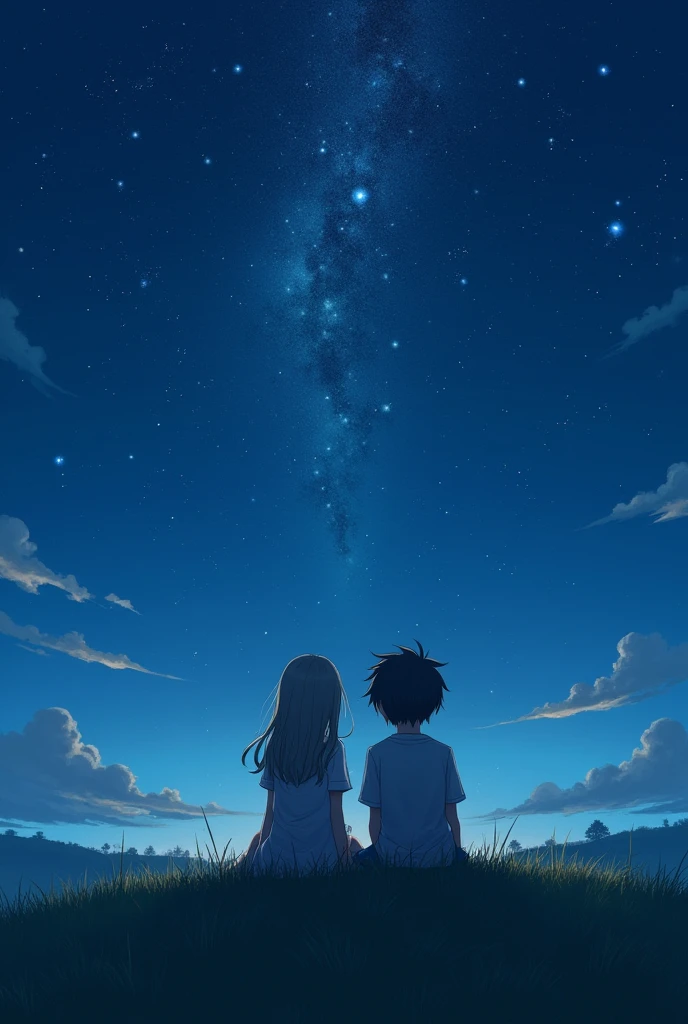 "Create an realistic full body image featuring a 21-year-old girl and boy sitting together on a grassy hill at night. They are looking up at a sky filled with bright, twinkling stars. The girl has long, flowing hair and is wearing a casual, light-colored dress, while the boy has short, slightly messy hair and is dressed in a simple shirt and jeans. The night sky is clear, with a few distant clouds, and the stars are vividly bright, some forming constellations. The hill is surrounded by a peaceful, rural landscape with gentle slopes, and a soft breeze is gently swaying the grass around them. The mood is serene and filled with a sense of wonder and quiet connection between the two characters."
