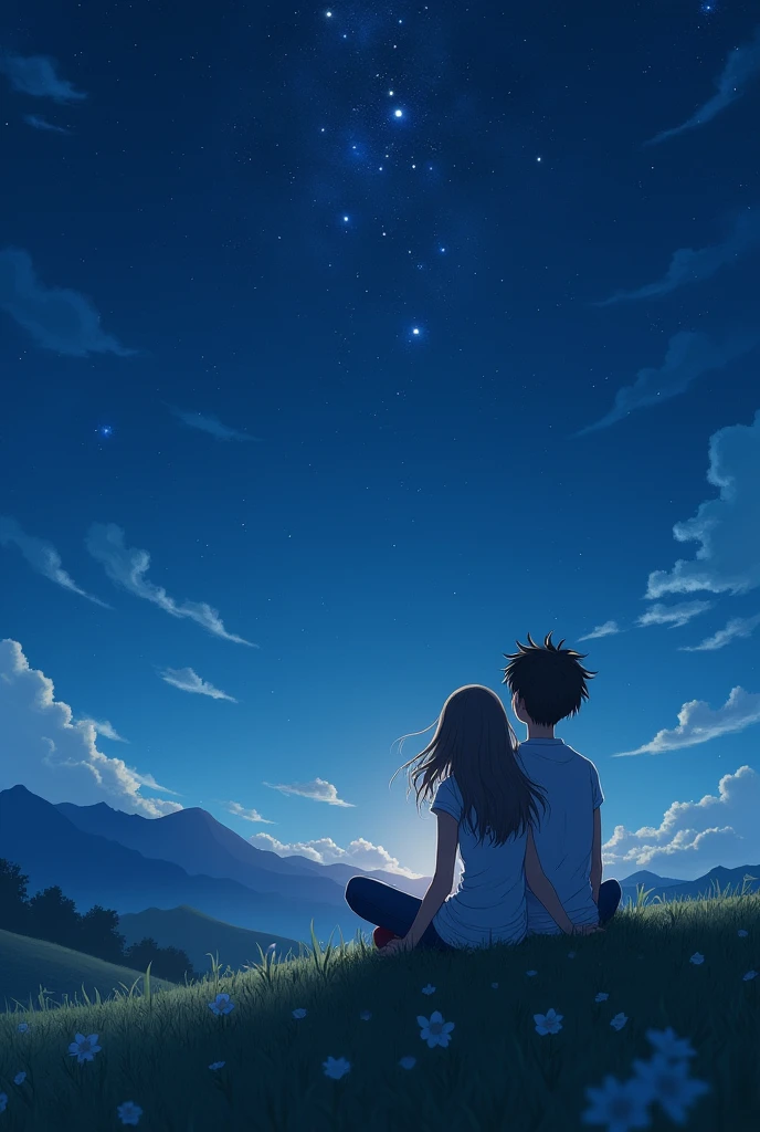 "Create an realistic full body image featuring a 21-year-old girl and boy sitting together on a grassy hill at night. They are looking up at a sky filled with bright, twinkling stars. The girl has long, flowing hair and is wearing a casual, light-colored dress, while the boy has short, slightly messy hair and is dressed in a simple shirt and jeans. The night sky is clear, with a few distant clouds, and the stars are vividly bright, some forming constellations. The hill is surrounded by a peaceful, rural landscape with gentle slopes, and a soft breeze is gently swaying the grass around them. The mood is serene and filled with a sense of wonder and quiet connection between the two characters."