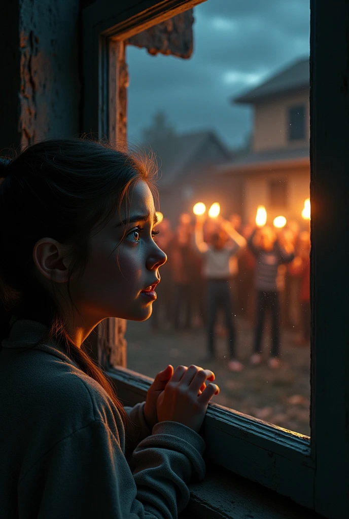 the girl saw the angry villagers with their torches on her window