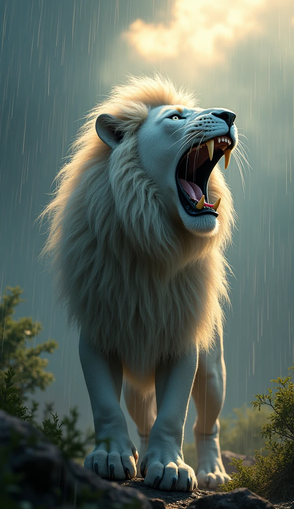 Create an ultra realistic 8k image of the front face of a strong and beautiful white lion with blue eyes roaring looking at the sky in the rain in the sun