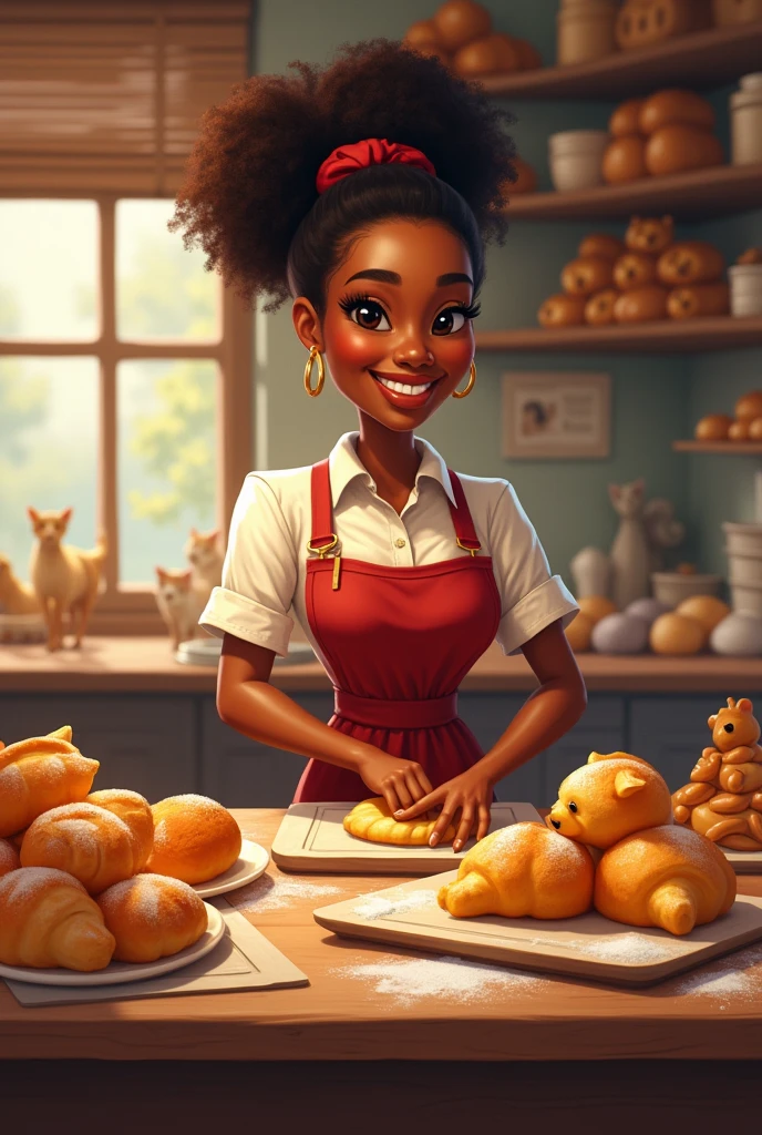bakery, black woman bakes, sells baked goods to customers, baked goods in the shape of pets, detail details, real, real