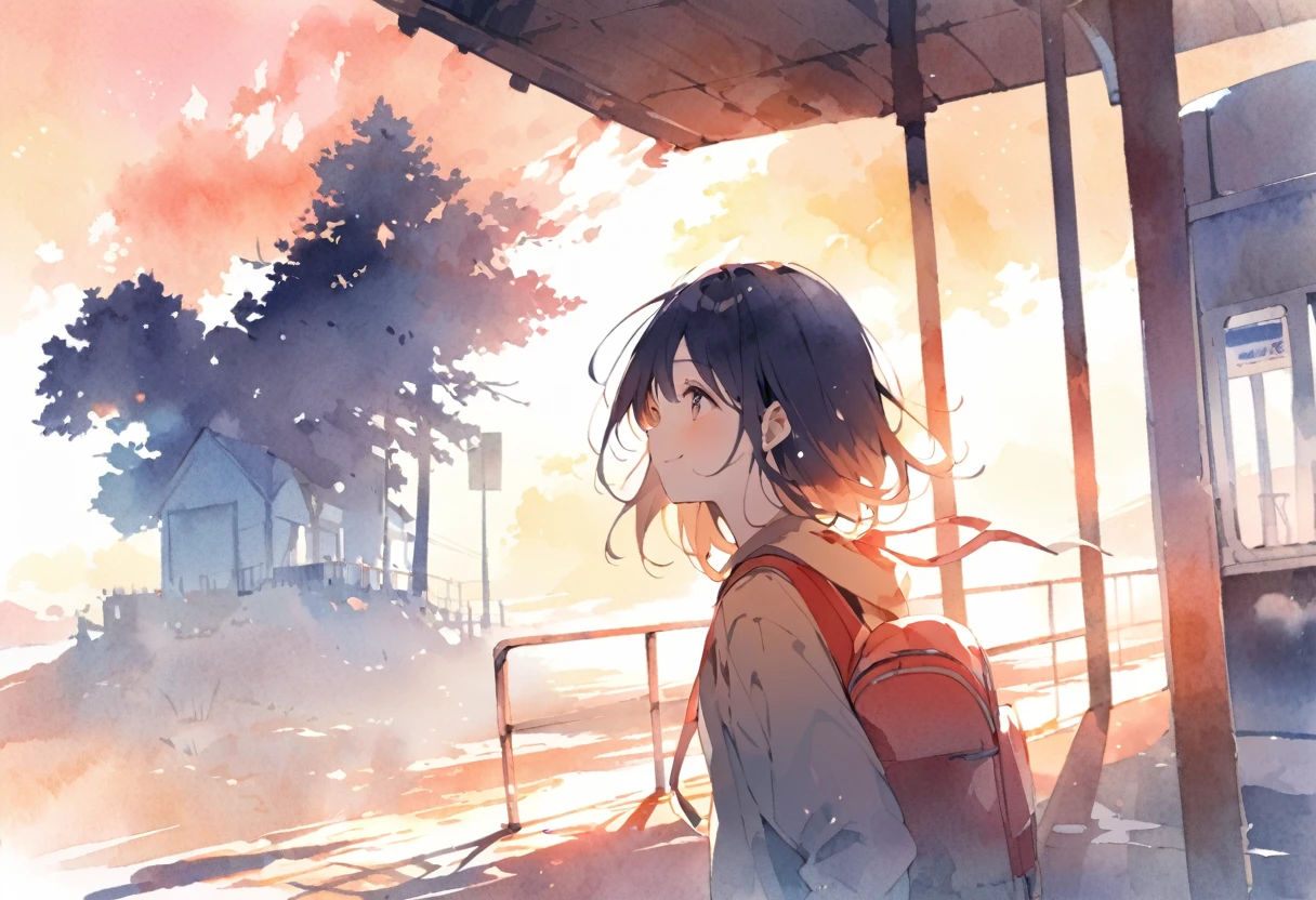 A silhouette of a female student standing at a deserted bus stop in the countryside、Look at me and smile、Raise one hand、Scenery of Showa、sunset、The shadow of the man looms over the woman、Watercolor、half body photo