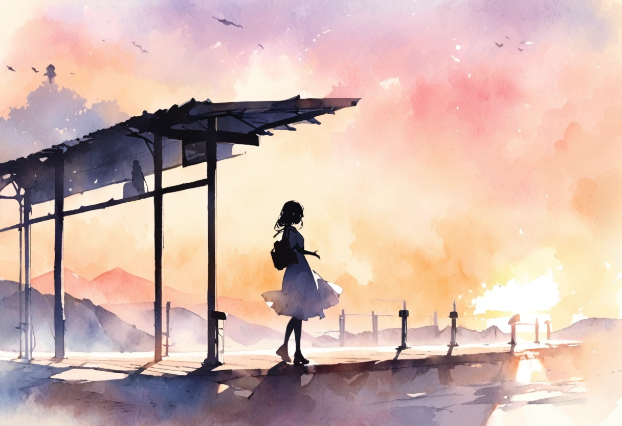 A silhouette of a female student standing at a deserted bus stop in the countryside、Look at me and smile、Raise one hand、Scenery of Showa、sunset、The shadow of the man looms over the woman、Watercolor、half body photo