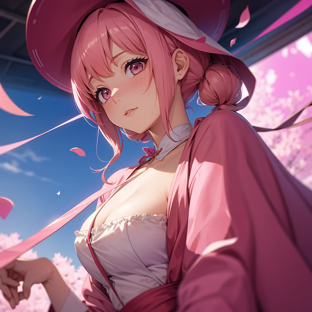female,pink hair,pink silk,Camera upward,