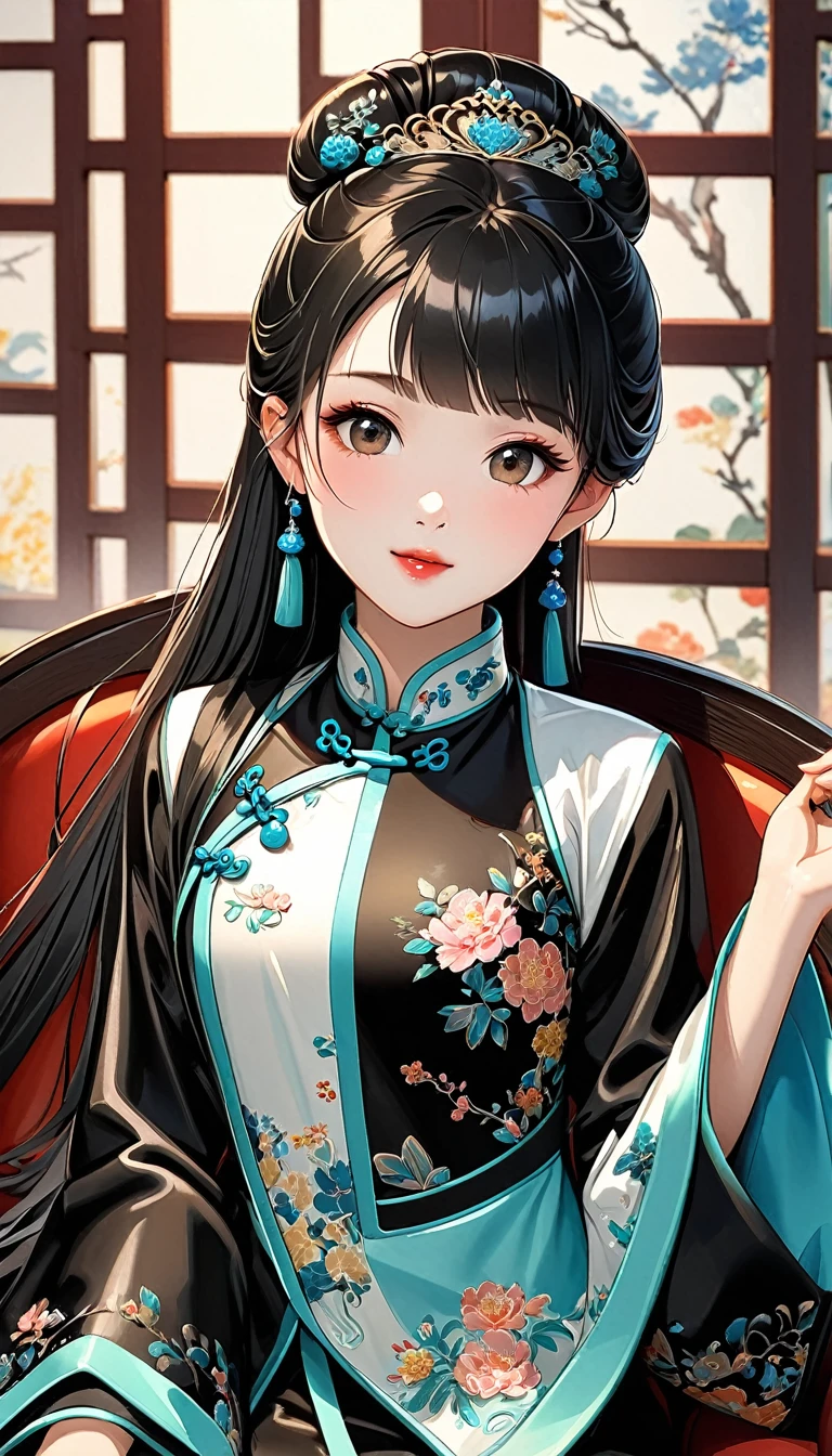 Beautiful 15 year old Chinese princess with long black hair Gorgeous embroidery, Ultra glossy, She is wearing a shiny royal long sleeve Chinese style jacket