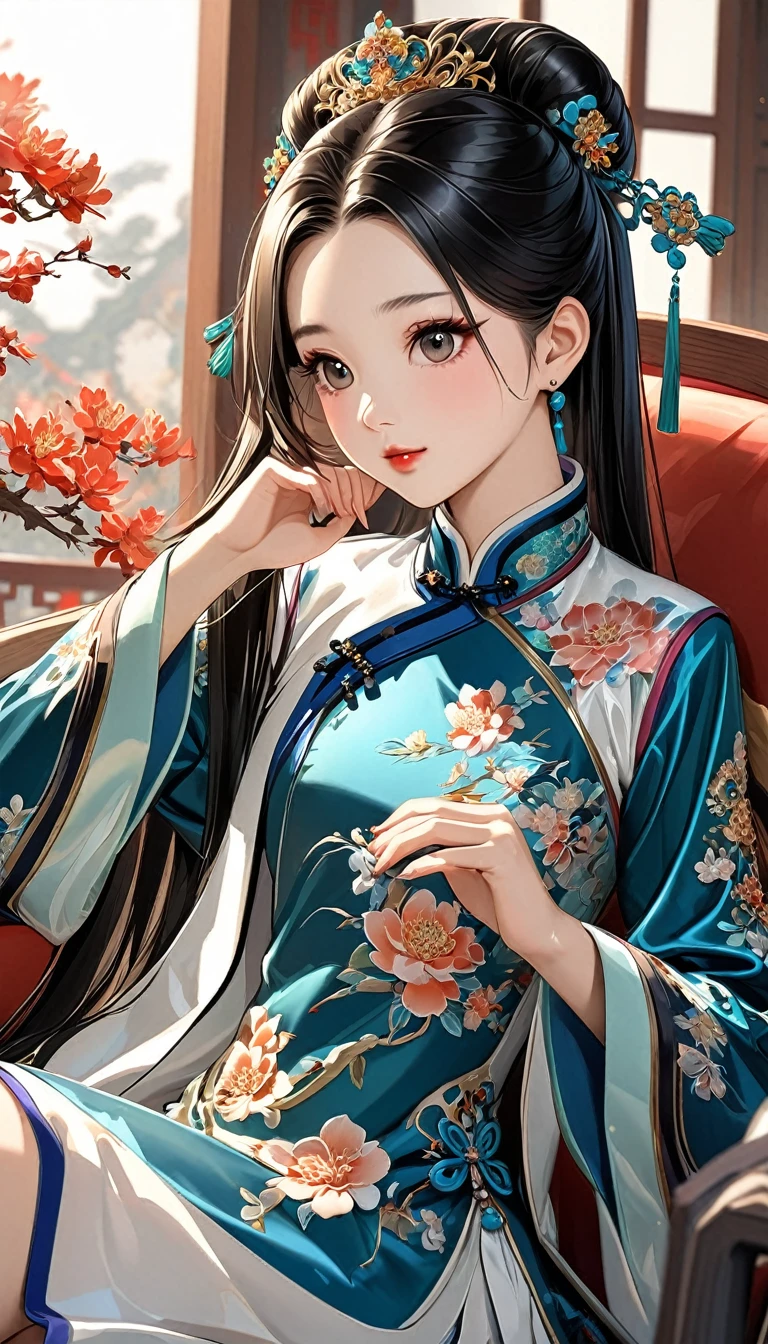 Beautiful 15 year old Chinese princess with long black hair Gorgeous embroidery, Ultra glossy, She is wearing a shiny royal long sleeve Chinese style jacket