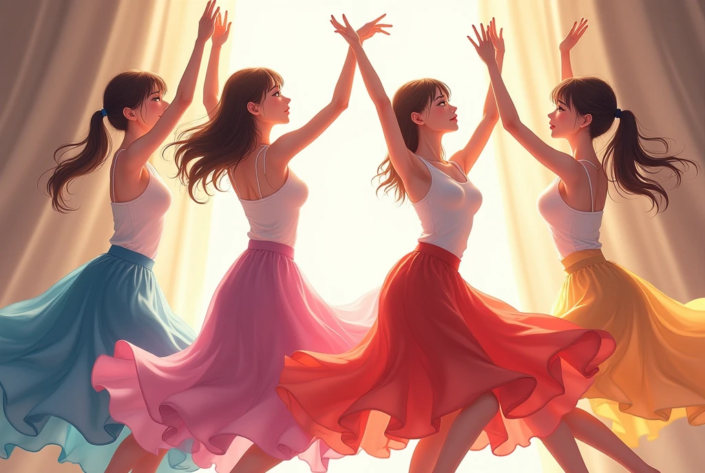 a group of four anime women practicing dance, all of them wearing simple white tank tops with elegant and colorful theatrical skirts, raising arms.