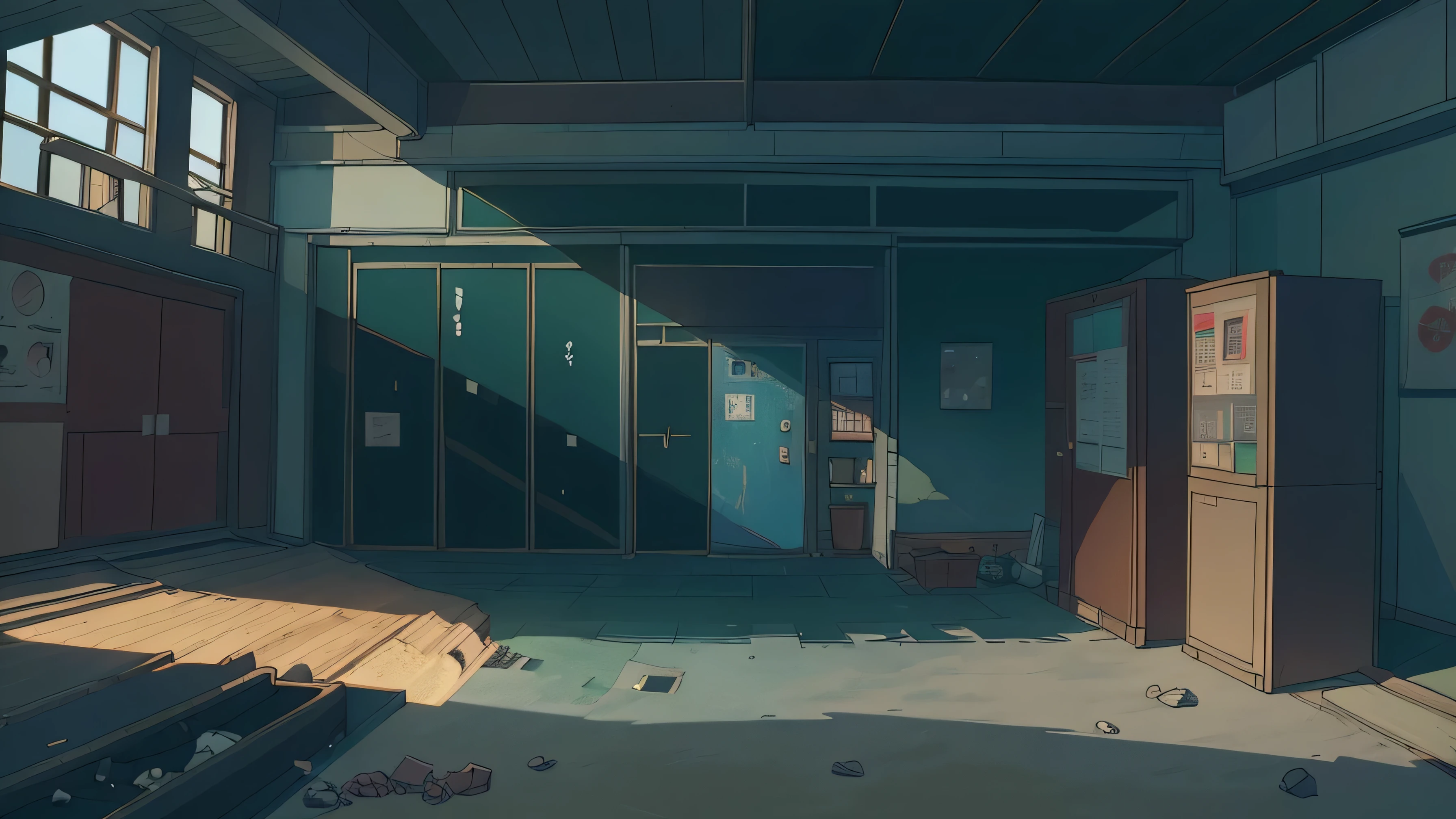 perfect anime illustration, hostel reception inside, (no people), garbage, russianebenya, masterpiece, best quality, ultra high res, 