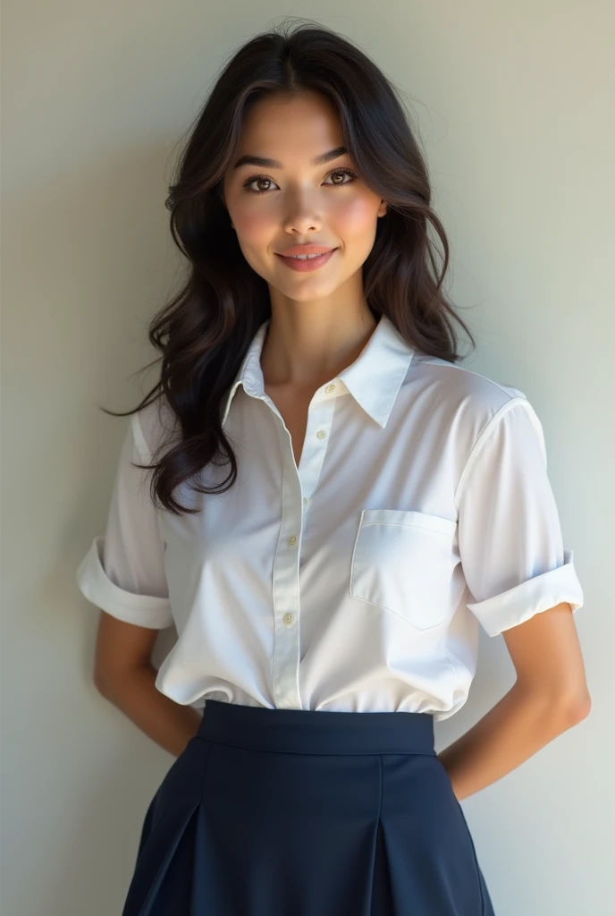 Brunette latina woman, very pretty face, in school outfit