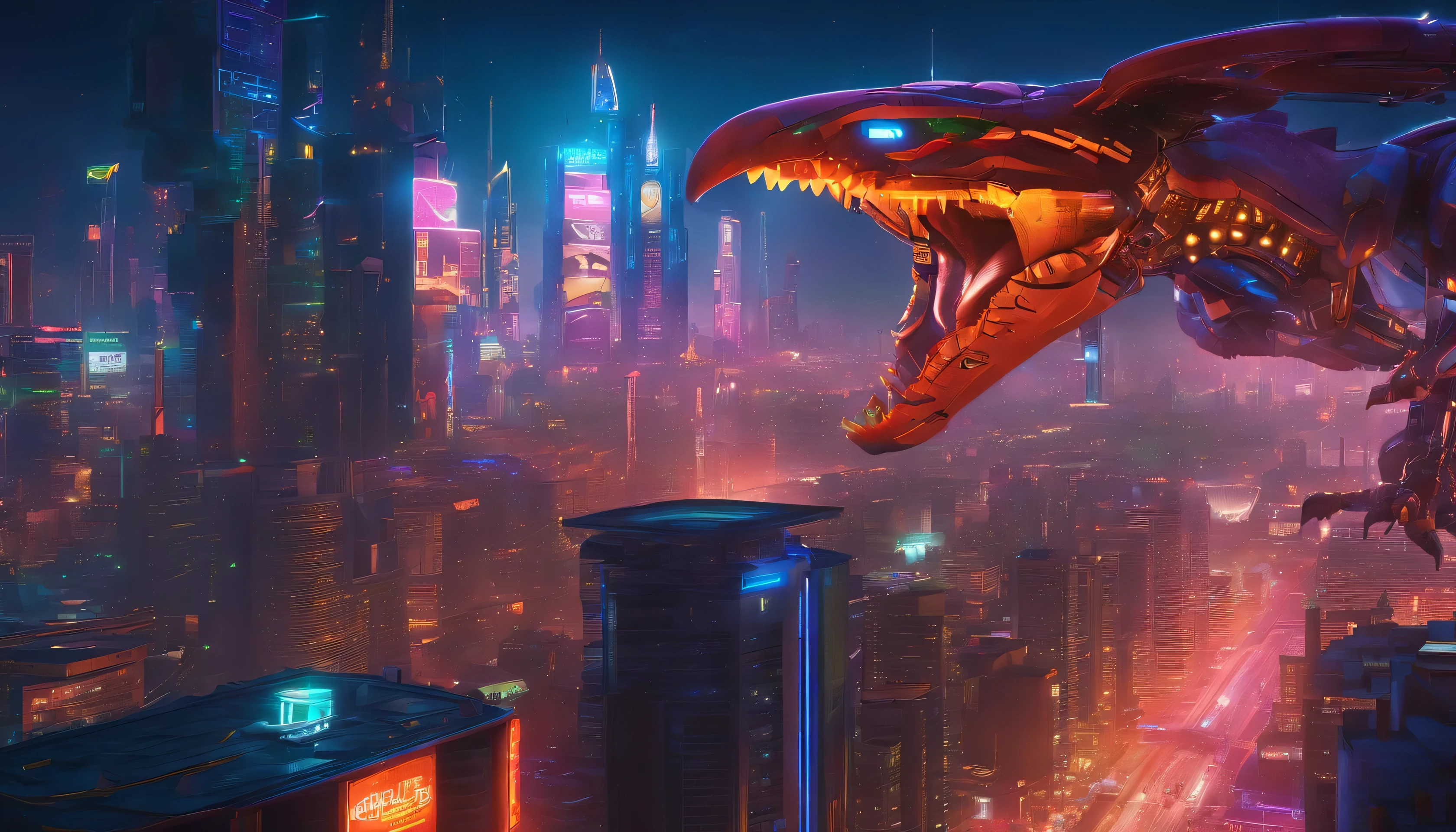 A breathtaking futuristic cityscape filled with towering skyscrapers adorned with neon lights, and advanced technology everywhere. In the sky, a gigantic robotic dinosaur, resembling a pterodactyl, is flying with wings made of sleek metal and glowing jet engines. The dinosaur's body is covered in intricate gears and circuits, with its eyes emitting a sharp, blue light. Below, the city is alive with hovering vehicles and other high-tech structures, blending the essence of nature and robotics in a visually stunning scene