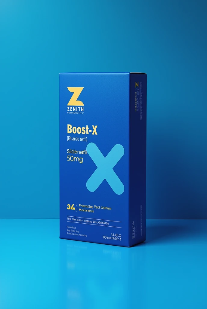 Now a package with deep blue and light blue colour combo but it should have zenith pharmaceutical at the topmost part generate a company logo too. A rectangular shape. Then Boost-X on the body below it sildenafil 50mg. Add a batch number, expiration and production date. Add the Zenith pharmaceutical you forgot it. Make it a paper pack not nylon ooo. I want a paper pack not this