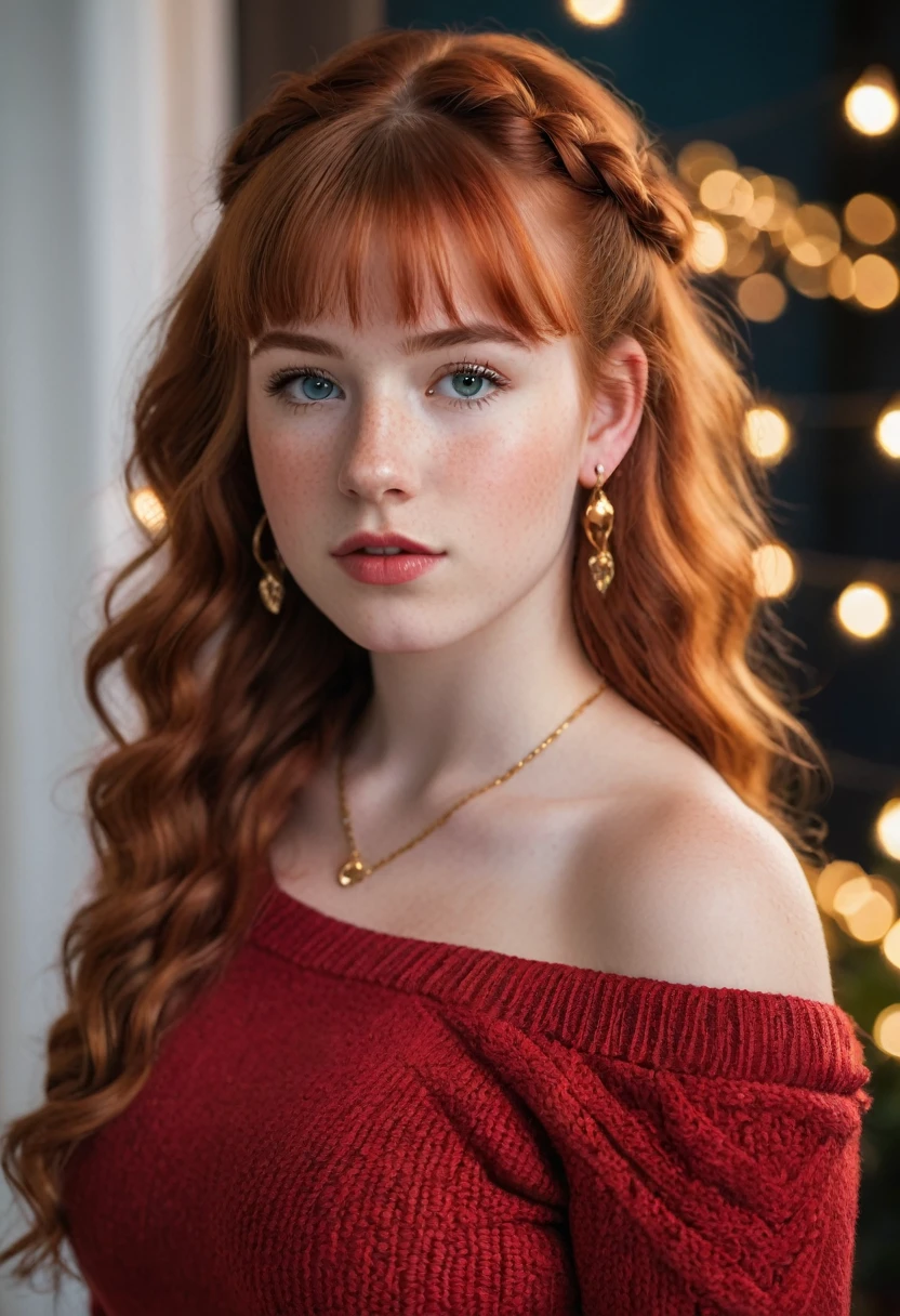 A young lady aged 16 yrs, with long red hair, wavy hair, braided, with air bangs. She is wearing a red sweater, worn off her shoulders. She is wearing black leggings. She has an hourglass figure. She is wearing gold earrings. Looking directly into the camera. She has fair skin, freckles, and braces, constricted pupils, parted lips, large breasts, perfect lips, perfect nose, cute face, baby face, Hyperrealism, cinematic lighting, jpeg artifacts, full body photo, bokeh, textured skin, UHD, best quality, masterpiece, high details
