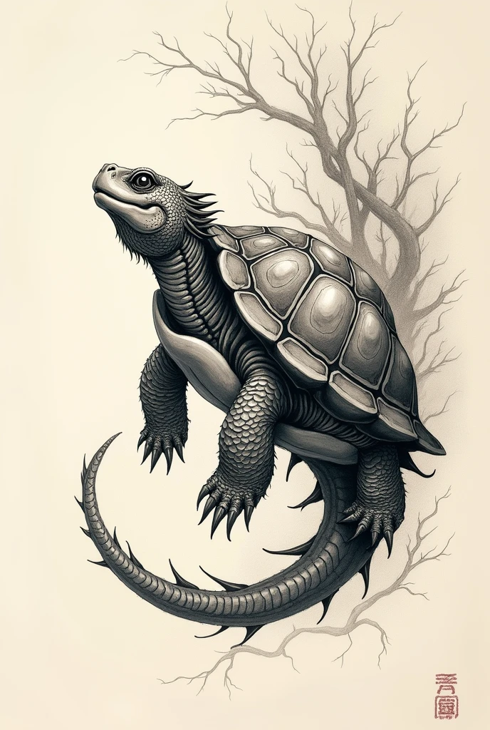 Tattoo art of a Dragonic Turtle, Chinese style, doodle art, two dimensional, ancient drawing style, mythology, shell faced backwards, head looks up northeast, non realistic, skretch drawing, japanese style drawing, surrealism,tattoo like drawing, Old chinese drawing style, ancient like drawing, logo,